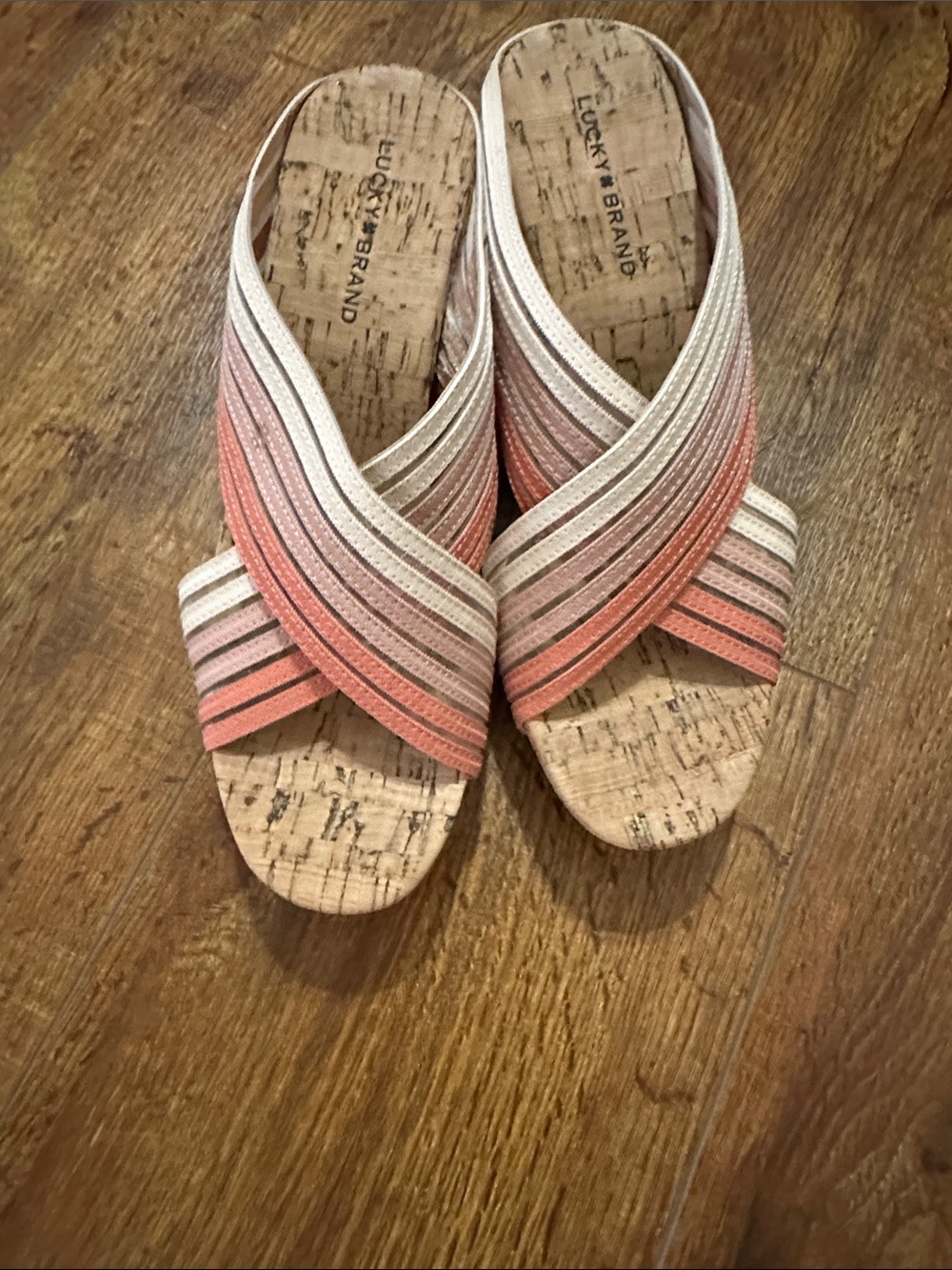 Lucky Brand Striped Crossband Wedge Sandals in Coral and Cream